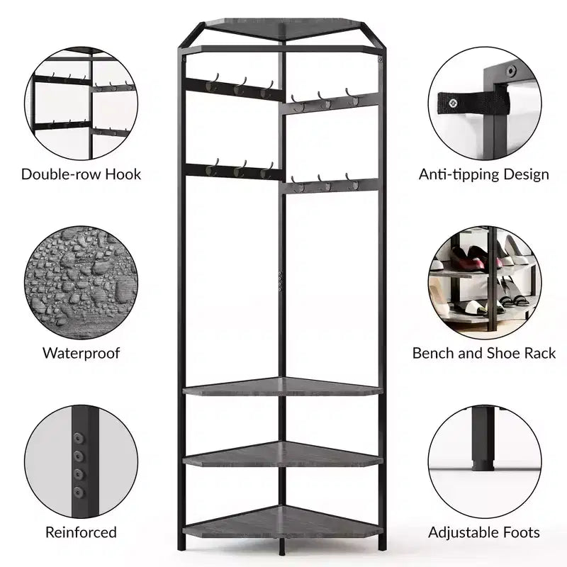 Porte-manteau d'angle CuisinSmart, arbre d'entrée d'angle avec banc à chaussures et étagère et 6 crochets doubles pour entrée, couloir, salle de bain, placard