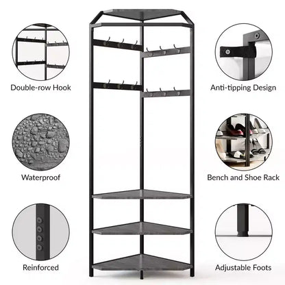 Porte-manteau d'angle CuisinSmart, arbre d'entrée d'angle avec banc à chaussures et étagère et 6 crochets doubles pour entrée, couloir, salle de bain, placard