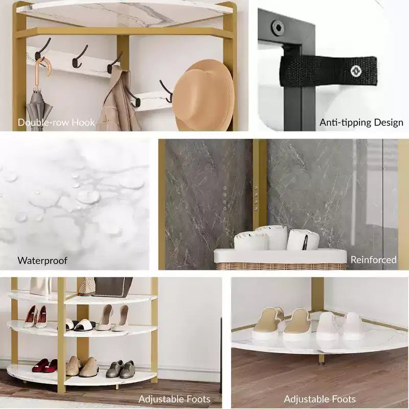 Porte-manteau d'angle CuisinSmart, arbre d'entrée d'angle avec banc à chaussures et étagère et 6 crochets doubles pour entrée, couloir, salle de bain, placard
