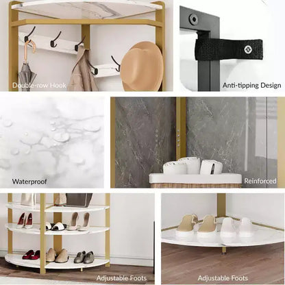 Porte-manteau d'angle CuisinSmart, arbre d'entrée d'angle avec banc à chaussures et étagère et 6 crochets doubles pour entrée, couloir, salle de bain, placard
