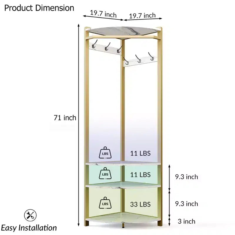 Porte-manteau d'angle CuisinSmart, arbre d'entrée d'angle avec banc à chaussures et étagère et 6 crochets doubles pour entrée, couloir, salle de bain, placard