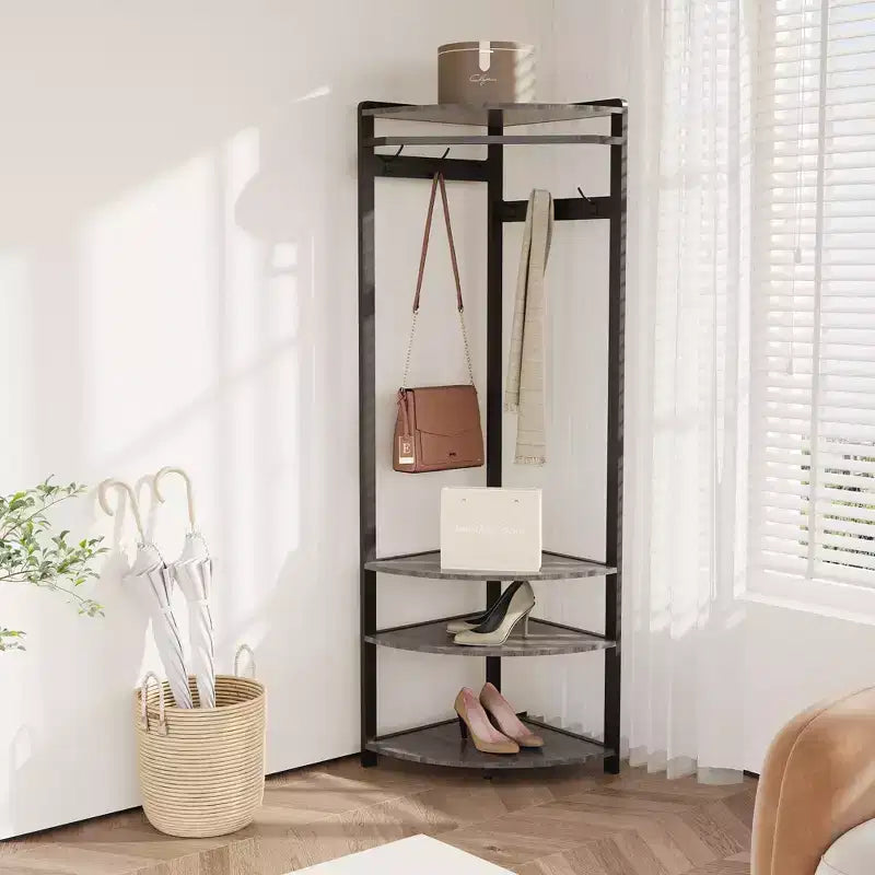 Porte-manteau d'angle CuisinSmart, arbre d'entrée d'angle avec banc à chaussures et étagère et 6 crochets doubles pour entrée, couloir, salle de bain, placard