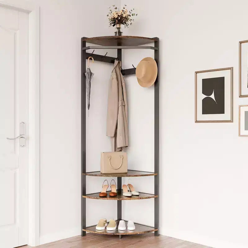 Porte-manteau d'angle CuisinSmart, arbre d'entrée d'angle avec banc à chaussures et étagère et 6 crochets doubles pour entrée, couloir, salle de bain, placard