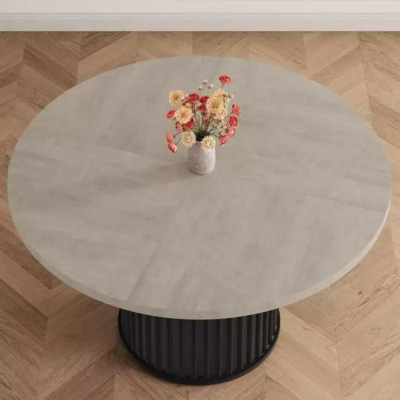 Table à manger ronde industrielle de 47 pouces pour 4 à 6 personnes, table de salle à manger avec base piédestal en métal robuste ondulé, pour salle à manger, cuisine