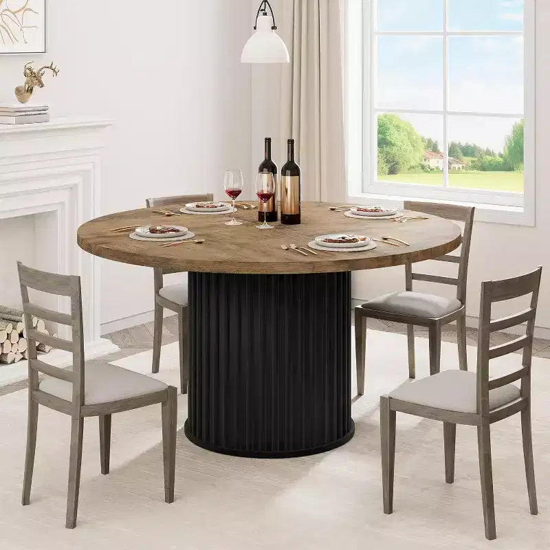 Table à manger ronde industrielle de 47 pouces pour 4 à 6 personnes, table de salle à manger avec base piédestal en métal robuste ondulé, pour salle à manger, cuisine