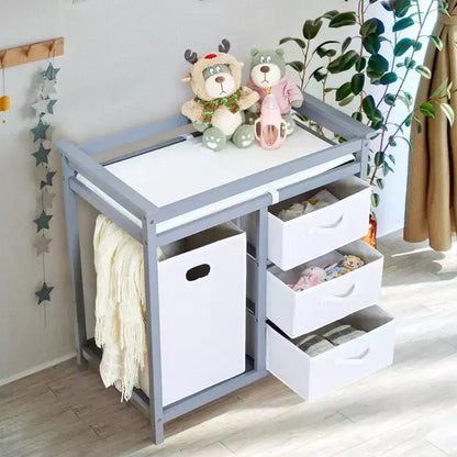COZONY Table à langer en bois avec 3 tiroirs, panier à linge et matelas à langer, commode moderne pour bébés et nourrissons