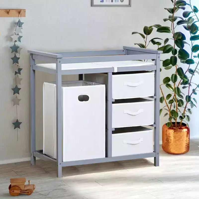 COZONY Table à langer en bois avec 3 tiroirs, panier à linge et matelas à langer, commode moderne pour bébés et nourrissons