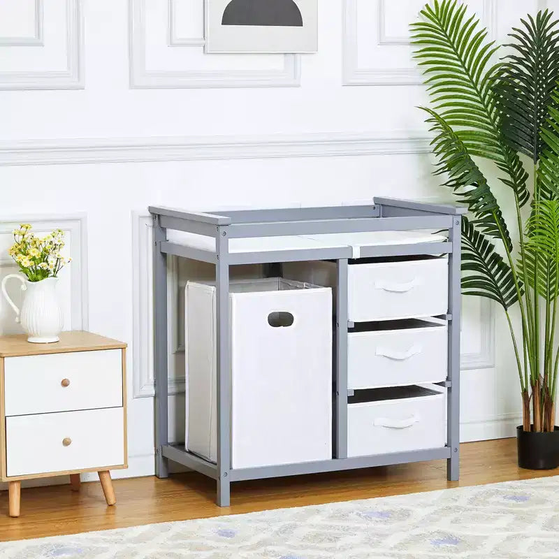 COZONY Table à langer en bois avec 3 tiroirs, panier à linge et matelas à langer, commode moderne pour bébés et nourrissons