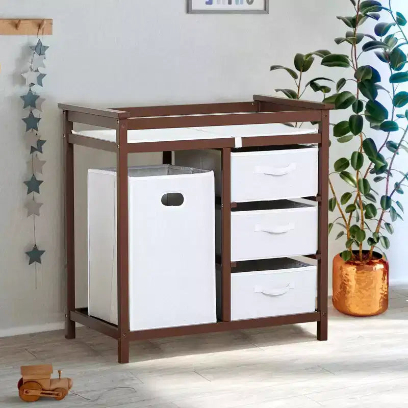 COZONY Table à langer en bois avec 3 tiroirs, panier à linge et matelas à langer, commode moderne pour bébés et nourrissons