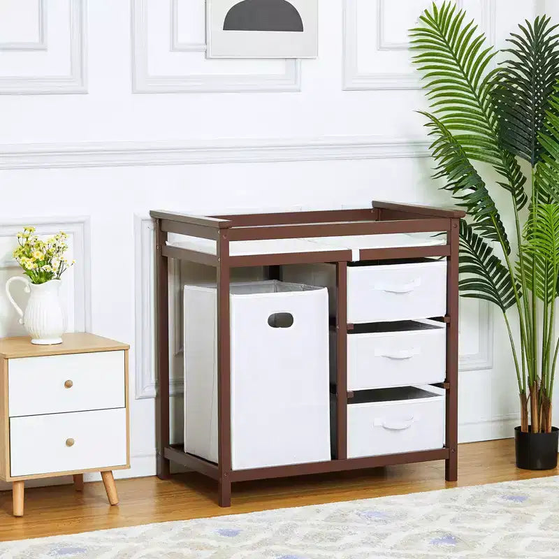 COZONY Table à langer en bois avec 3 tiroirs, panier à linge et matelas à langer, commode moderne pour bébés et nourrissons