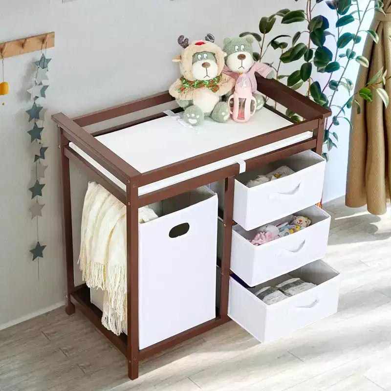 COZONY Table à langer en bois avec 3 tiroirs, panier à linge et matelas à langer, commode moderne pour bébés et nourrissons