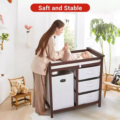 COZONY Table à langer en bois avec 3 tiroirs, panier à linge et matelas à langer, commode moderne pour bébés et nourrissons