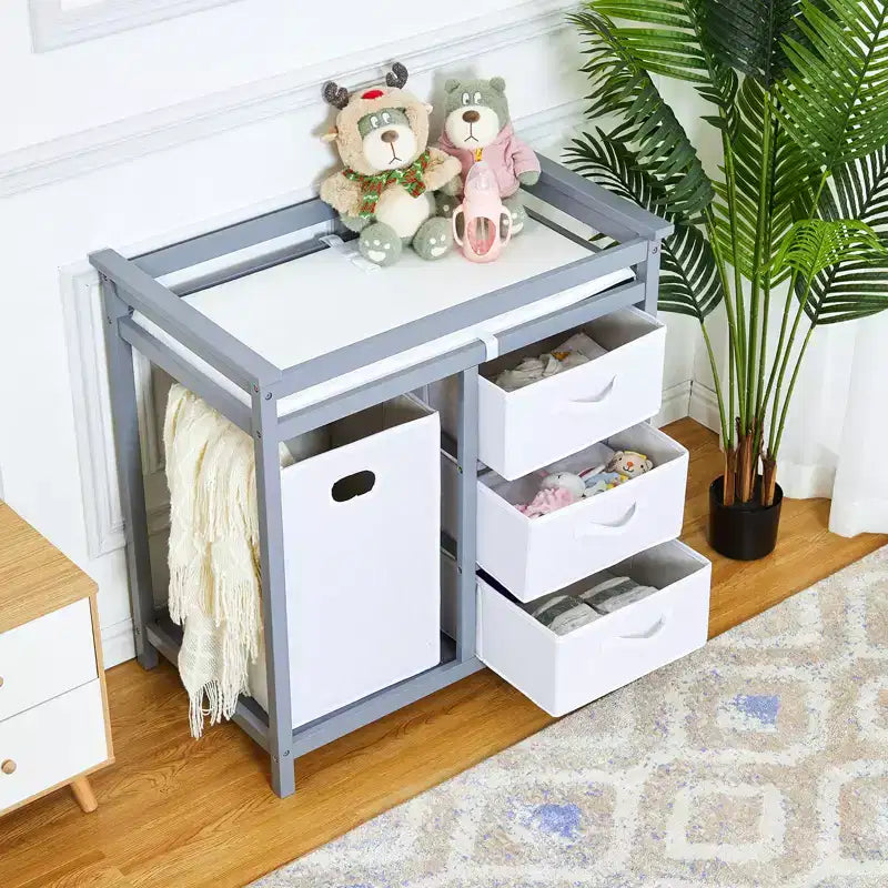 COZONY Table à langer en bois avec 3 tiroirs, panier à linge et matelas à langer, commode moderne pour bébés et nourrissons