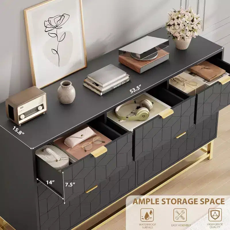 COZONY Commode Large à 7 Tiroirs avec Poignées Dorées, Armoire de Rangement Moderne en Bois, Grande Commode pour Chambre à Coucher et Salon