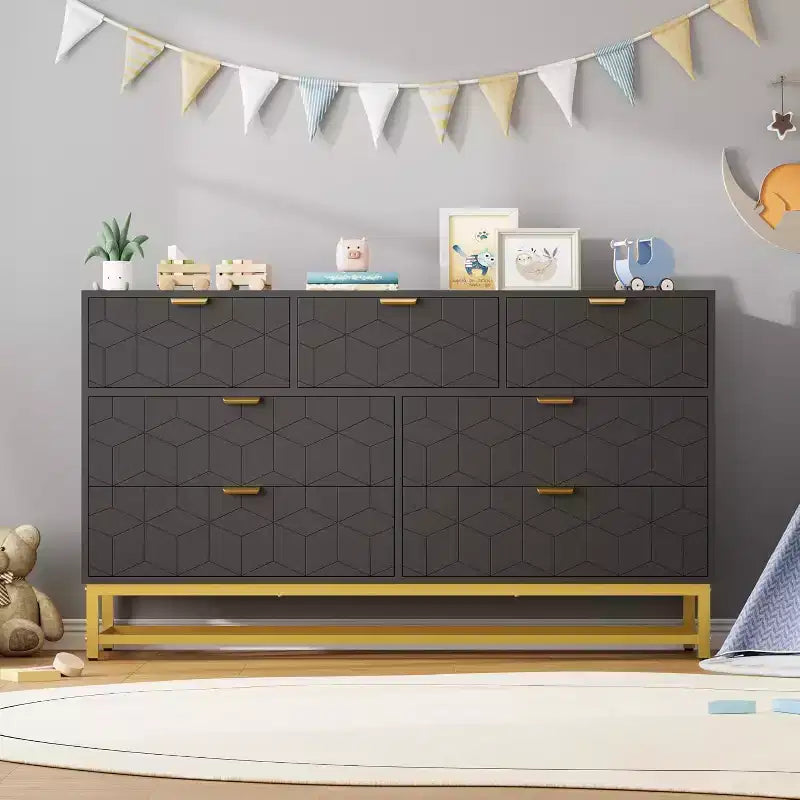 COZONY Commode Large à 7 Tiroirs avec Poignées Dorées, Armoire de Rangement Moderne en Bois, Grande Commode pour Chambre à Coucher et Salon