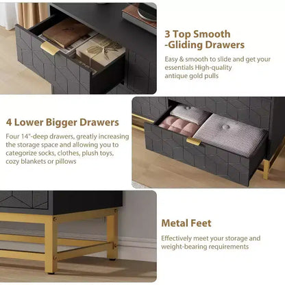 COZONY Commode Large à 7 Tiroirs avec Poignées Dorées, Armoire de Rangement Moderne en Bois, Grande Commode pour Chambre à Coucher et Salon