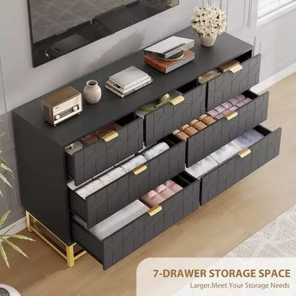 COZONY Commode Large à 7 Tiroirs avec Poignées Dorées, Armoire de Rangement Moderne en Bois, Grande Commode pour Chambre à Coucher et Salon