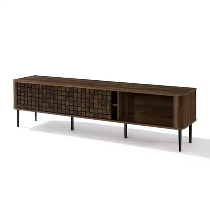 Meuble TV moderne LuxenHome 71" pour téléviseurs jusqu'à 75", console multimédia en bois marron avec portes coulissantes tressées