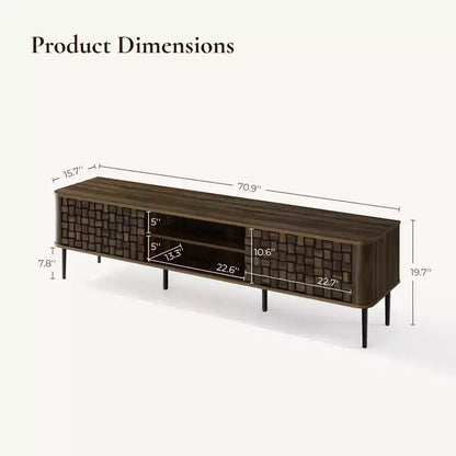 Meuble TV moderne LuxenHome 71" pour téléviseurs jusqu'à 75", console multimédia en bois marron avec portes coulissantes tressées
