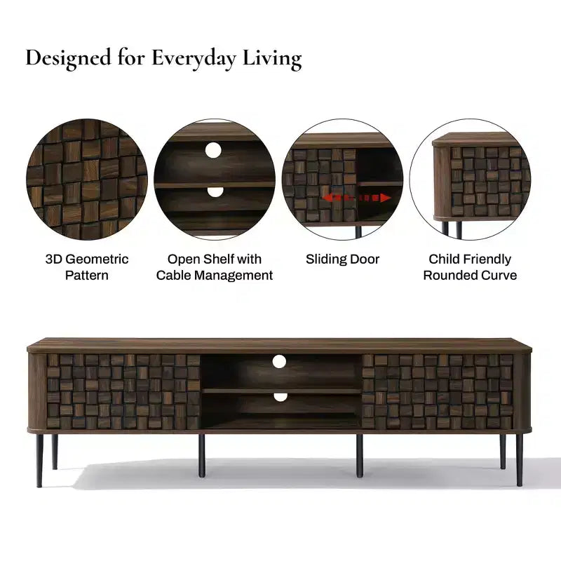 Meuble TV moderne LuxenHome 71" pour téléviseurs jusqu'à 75", console multimédia en bois marron avec portes coulissantes tressées