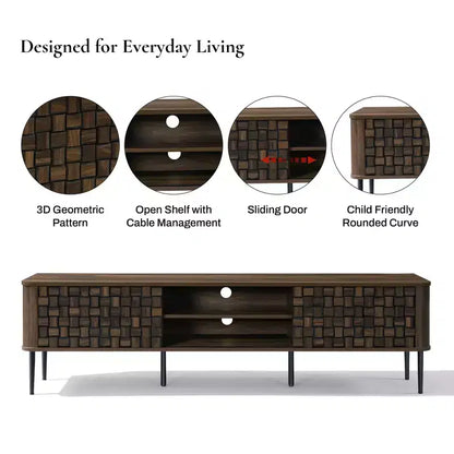 Meuble TV moderne LuxenHome 71" pour téléviseurs jusqu'à 75", console multimédia en bois marron avec portes coulissantes tressées
