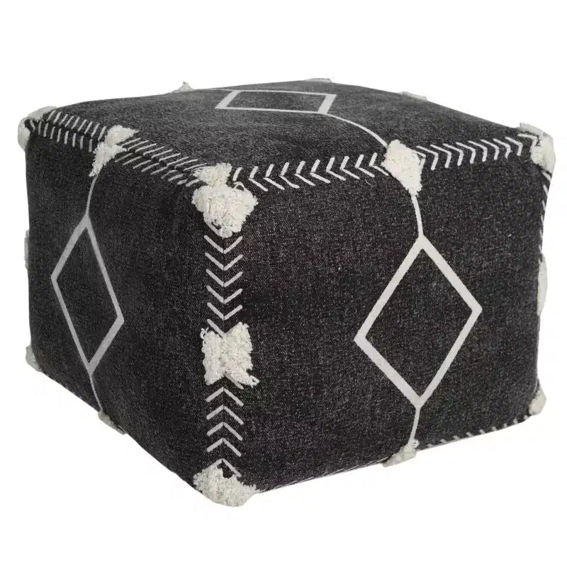 HomeRoots 18 Black Cotton Geometric Pouf Ottoman
