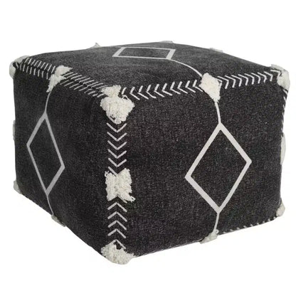 HomeRoots 18 Black Cotton Geometric Pouf Ottoman
