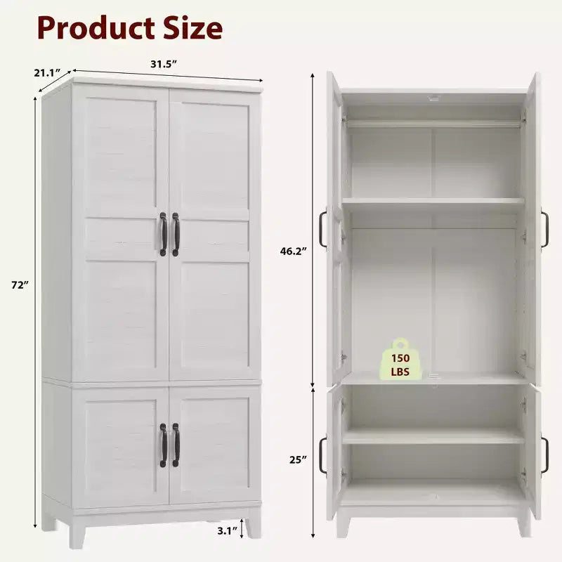 Armoire en bois de 72 po avec tringles de suspension – Grande armoire autoportante avec 18 étagères réglables, 4 portes, charnières à fermeture douce – Rangement style rustique