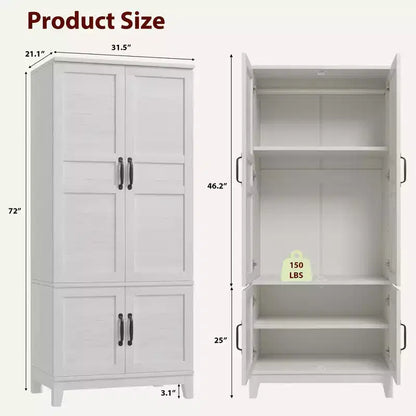 Armoire en bois de 72 po avec tringles de suspension – Grande armoire autoportante avec 18 étagères réglables, 4 portes, charnières à fermeture douce – Rangement style rustique