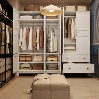 Armoire en bois de 72 po avec tringles de suspension – Grande armoire autoportante avec 18 étagères réglables, 4 portes, charnières à fermeture douce – Rangement style rustique