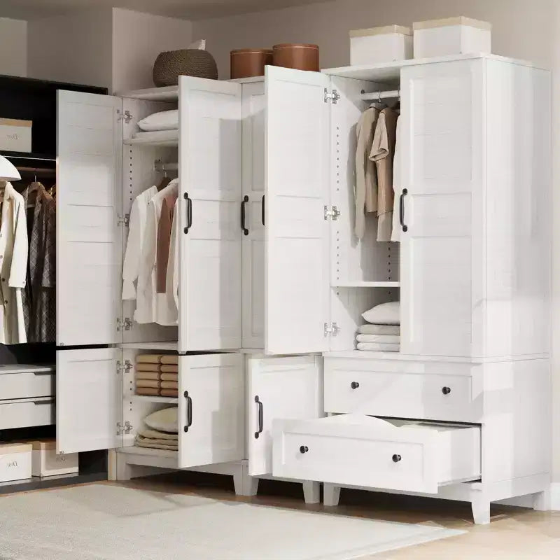 Armoire en bois de 72 po avec tringles de suspension – Grande armoire autoportante avec 18 étagères réglables, 4 portes, charnières à fermeture douce – Rangement style rustique