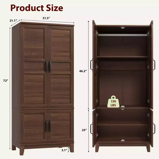 Armoire en bois de 72 po avec tringles de suspension – Grande armoire autoportante avec 18 étagères réglables, 4 portes, charnières à fermeture douce – Rangement style rustique