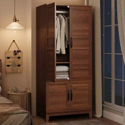Armoire en bois de 72 po avec tringles de suspension – Grande armoire autoportante avec 18 étagères réglables, 4 portes, charnières à fermeture douce – Rangement style rustique