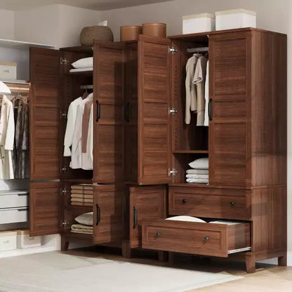 Armoire en bois de 72 po avec tringles de suspension – Grande armoire autoportante avec 18 étagères réglables, 4 portes, charnières à fermeture douce – Rangement style rustique