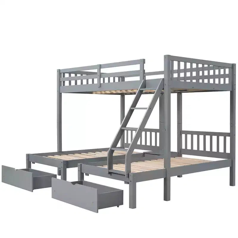 Lit superposé Triple (grand lit en bas, lits jumeaux au milieu et en haut) pour 3 enfants, en bois, avec tiroirs et barrières de sécurité, pour chambre à coucher ou dortoir
