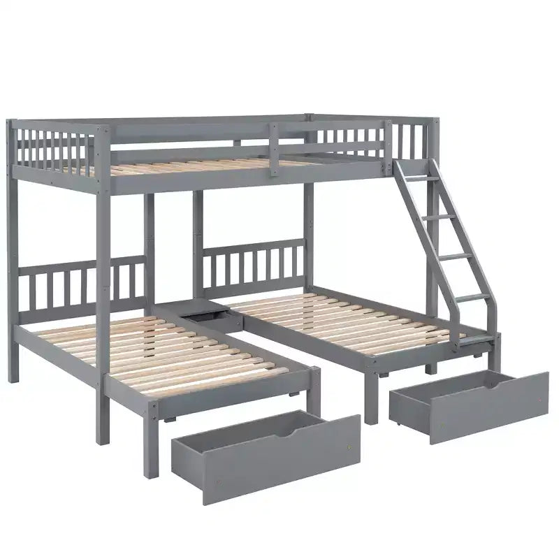Lit superposé Triple (grand lit en bas, lits jumeaux au milieu et en haut) pour 3 enfants, en bois, avec tiroirs et barrières de sécurité, pour chambre à coucher ou dortoir