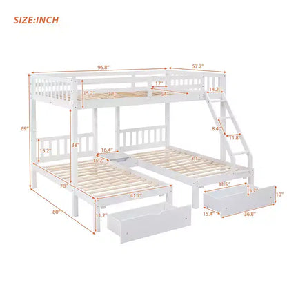 Lit superposé Triple (grand lit en bas, lits jumeaux au milieu et en haut) pour 3 enfants, en bois, avec tiroirs et barrières de sécurité, pour chambre à coucher ou dortoir