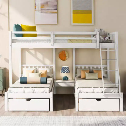 Lit superposé Triple (grand lit en bas, lits jumeaux au milieu et en haut) pour 3 enfants, en bois, avec tiroirs et barrières de sécurité, pour chambre à coucher ou dortoir