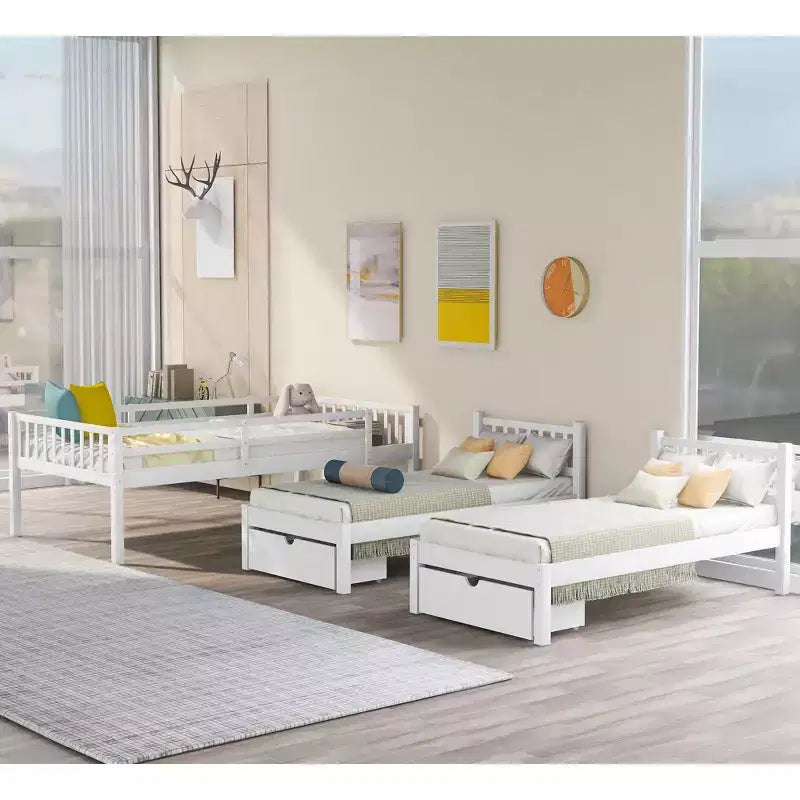 Lit superposé Triple (grand lit en bas, lits jumeaux au milieu et en haut) pour 3 enfants, en bois, avec tiroirs et barrières de sécurité, pour chambre à coucher ou dortoir