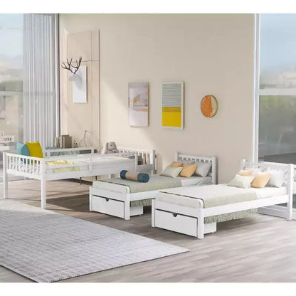 Lit superposé Triple (grand lit en bas, lits jumeaux au milieu et en haut) pour 3 enfants, en bois, avec tiroirs et barrières de sécurité, pour chambre à coucher ou dortoir