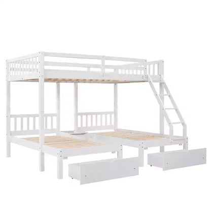 Lit superposé Triple (grand lit en bas, lits jumeaux au milieu et en haut) pour 3 enfants, en bois, avec tiroirs et barrières de sécurité, pour chambre à coucher ou dortoir