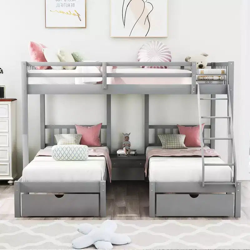 Lit superposé Triple (grand lit en bas, lits jumeaux au milieu et en haut) pour 3 enfants, en bois, avec tiroirs et barrières de sécurité, pour chambre à coucher ou dortoir