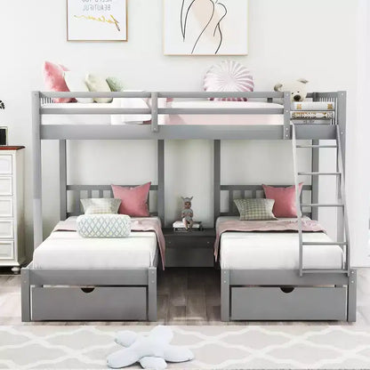 Lit superposé Triple (grand lit en bas, lits jumeaux au milieu et en haut) pour 3 enfants, en bois, avec tiroirs et barrières de sécurité, pour chambre à coucher ou dortoir