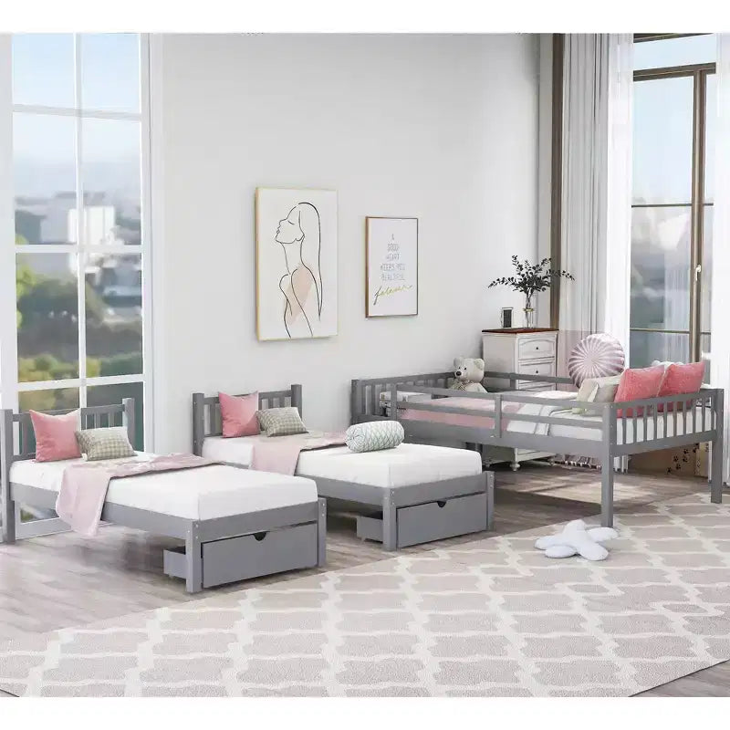 Lit superposé Triple (grand lit en bas, lits jumeaux au milieu et en haut) pour 3 enfants, en bois, avec tiroirs et barrières de sécurité, pour chambre à coucher ou dortoir
