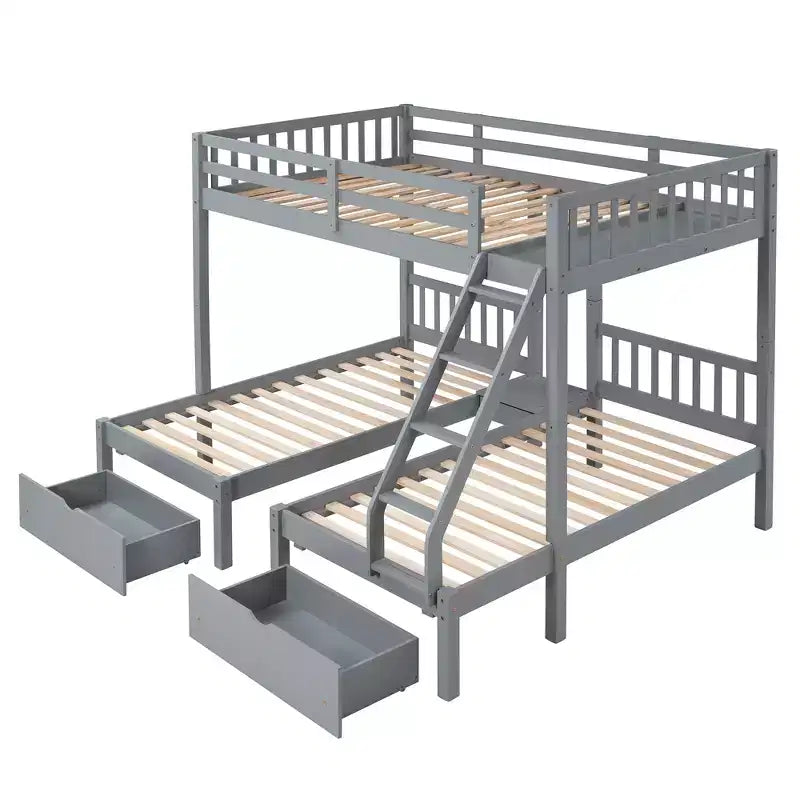 Lit superposé Triple (grand lit en bas, lits jumeaux au milieu et en haut) pour 3 enfants, en bois, avec tiroirs et barrières de sécurité, pour chambre à coucher ou dortoir