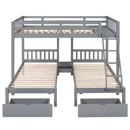 Lit superposé Triple (grand lit en bas, lits jumeaux au milieu et en haut) pour 3 enfants, en bois, avec tiroirs et barrières de sécurité, pour chambre à coucher ou dortoir