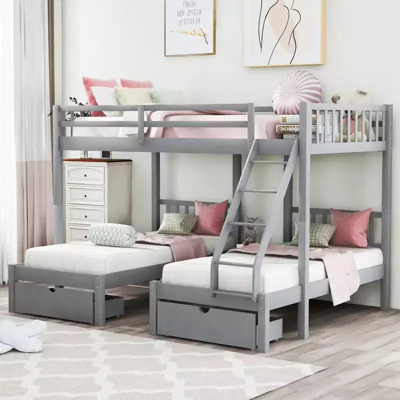 Full over Twin & Twin Bunk Bed for 3 Kids, Wood Triple Bunk Bed with Drawers and Guardrails for Bedroom Dorm