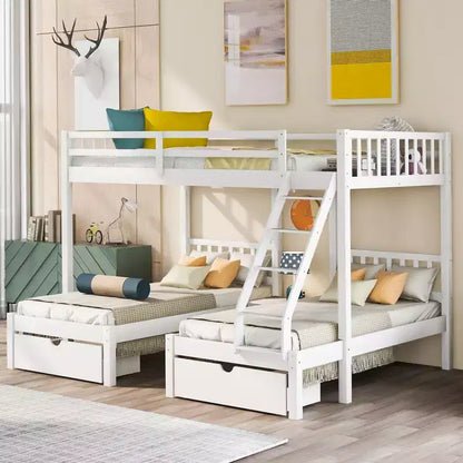 Lit superposé Triple (grand lit en bas, lits jumeaux au milieu et en haut) pour 3 enfants, en bois, avec tiroirs et barrières de sécurité, pour chambre à coucher ou dortoir