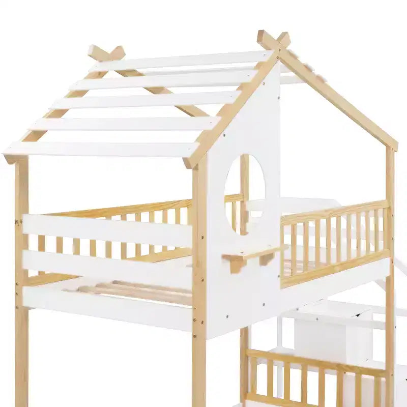 Lit superposé jumeau sur jumeau avec escalier, Cadre de lit superposé maison avec rangement et barrière de sécurité pour enfants filles garçons, Blanc
