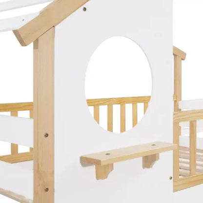 Lit superposé jumeau sur jumeau avec escalier, Cadre de lit superposé maison avec rangement et barrière de sécurité pour enfants filles garçons, Blanc